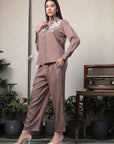 Shirt Collar Embroidered Cotton Shirt With Trousers Co-Ords Set brown