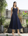 Solid Denim Round Neck Midi Dress blue