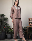Shirt Collar Embroidered Cotton Shirt With Trousers Co-Ords Set brown
