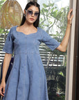 Solid Denim Square Neck Half Short Sleeve Dress light-blue