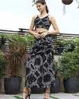 Printed Shoulder Strap Neck Top With Skirt Co-Ord Set black