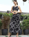 Printed Shoulder Strap Neck Top With Skirt Co-Ord Set black