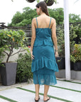 Women Self Design Shoulder Straps Ruffles Peplum Dress teal