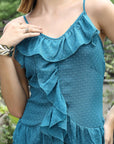 Women Self Design Shoulder Straps Ruffles Peplum Dress teal