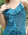 Women Self Design Shoulder Straps Ruffles Peplum Dress teal