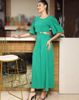 Women Self Design Flared Sleeve Cut-Outs Fit & Flare Midi Dress green