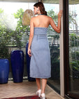 Women Halter Neck A-Line Midi Denim Dress light-blue