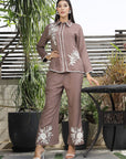 Shirt Collar Embroidered Cotton Shirt With Trousers Co-Ords Set brown