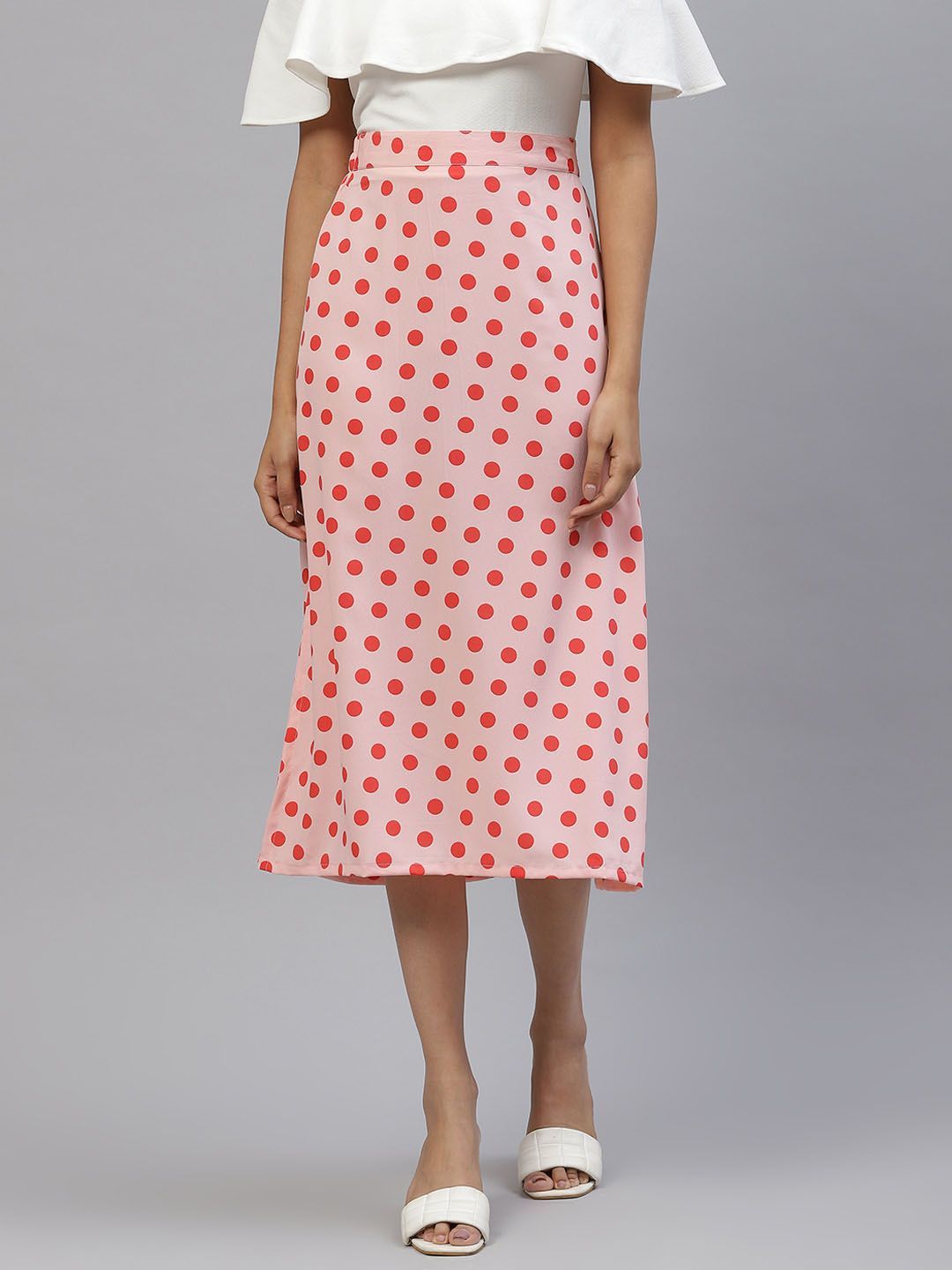 CINK Women Peach-coloured Orange Polka Dots A-Line Midi Skirt
