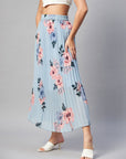 CINK Blue Pink Floral Printed Accordion Pleats Maxi Flared Skirt
