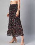 CINK Black Floral Printed Accordion Pleats Midi Flared Skirt