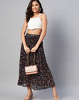 CINK Black Floral Printed Accordion Pleats Midi Flared Skirt