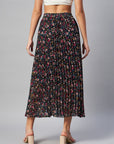 CINK Black Floral Printed Accordion Pleats Midi Flared Skirt