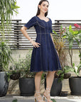 Solid Denim Square Neck Half Short Sleeve Dress blue