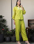 Shirt Collar Embroidered Cotton Shirt With Trousers Co-Ords Set lime-green