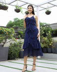 Women Self Design Shoulder Straps Ruffles Peplum Dress navy-blue