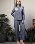 Shirt Collar Embroidered Cotton Shirt With Trousers Co-Ords Set blue