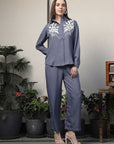 Shirt Collar Embroidered Cotton Shirt With Trousers Co-Ords Set blue