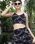Printed Shoulder Strap Neck Top With Skirt Co-Ord Set black