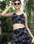 Printed Shoulder Strap Neck Top With Skirt Co-Ord Set black
