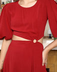 Women Self Design Flared Sleeve Cut-Outs Fit & Flare Midi Dress red
