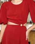 Women Self Design Flared Sleeve Cut-Outs Fit & Flare Midi Dress red