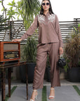 Shirt Collar Embroidered Cotton Shirt With Trousers Co-Ords Set brown
