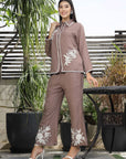 Shirt Collar Embroidered Cotton Shirt With Trousers Co-Ords Set brown