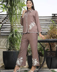 Shirt Collar Embroidered Cotton Shirt With Trousers Co-Ords Set brown