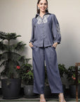 Shirt Collar Embroidered Cotton Shirt With Trousers Co-Ords Set blue
