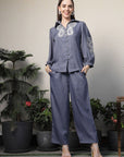 Shirt Collar Embroidered Cotton Shirt With Trousers Co-Ords Set blue