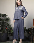 Shirt Collar Embroidered Cotton Shirt With Trousers Co-Ords Set blue