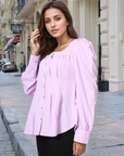 Women Collarless Solid Full Sleeves Buttoned Top