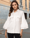 Women White Solid Spread Collar Casual Buttoned Top