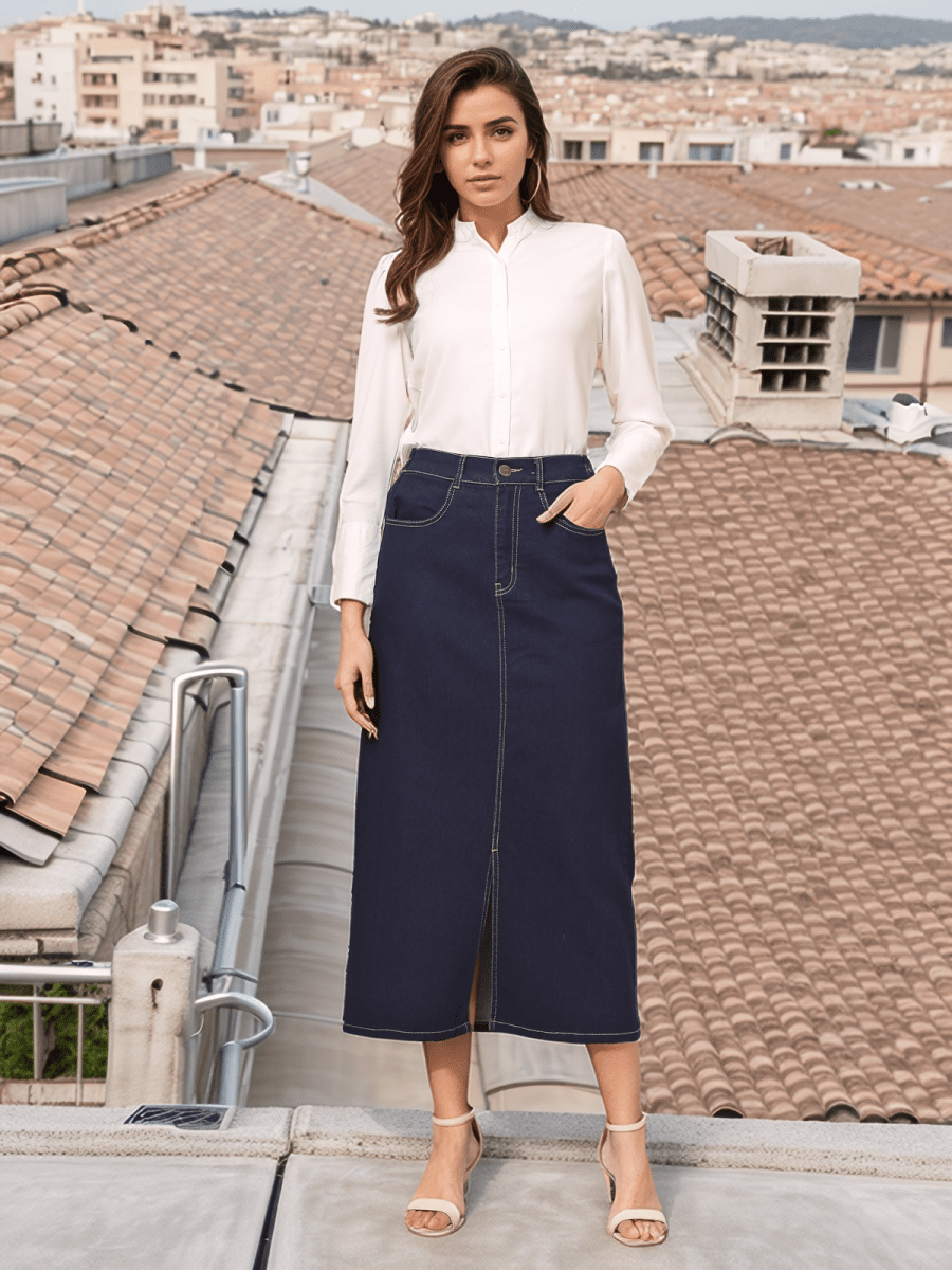 Womens Denim Denim Midi Skirt White Buy Sosandar White Longline