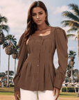 Women Collarless Solid Full Sleeve Buttoned Top