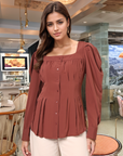 Women Collarless Solid Full Sleeves Buttoned Top