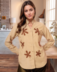 Women Beige Floral Embroidered Cotton Buttoned Top