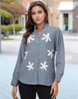 Women Blue Floral Embroidered Cotton Buttoned Top
