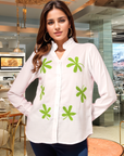 Women White Floral Embroidered Cotton Buttoned Top