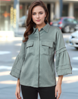 Women Spread Collar Casual Buttoned Top
