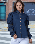 Navy blue solid Casual Buttoned Top