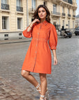 Orange Solid Shirt Collared mini dress