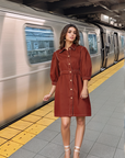Brown Solid Shirt Collared mini dress