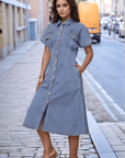 Solid Blue Shirt Collar Midi Dress