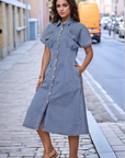 Solid Blue Shirt Collar Midi Dress