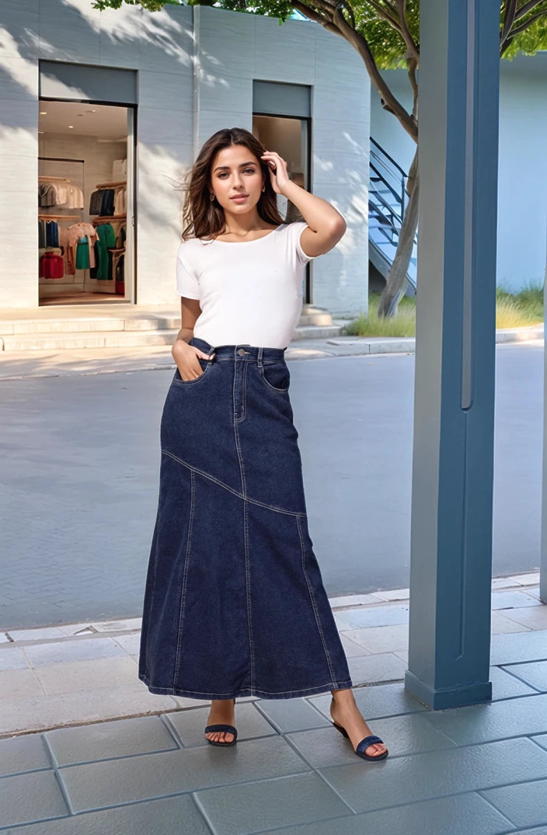 Solid Blue Denim Mermaid Flared Maxi Skirts