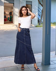 Solid Blue Denim Mermaid Flared Maxi Skirts