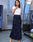 Solid Blue Denim Mermaid Cut Maxi Skirts