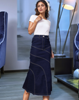 Solid Blue Denim Mermaid Cut Maxi Skirts